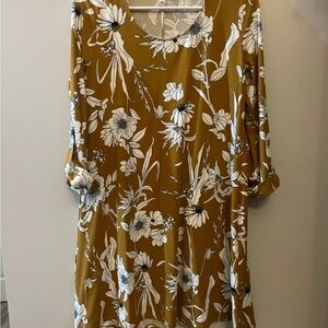 love, Fire Mustard Floral Long Sleeve Swing Dress with White Flowers